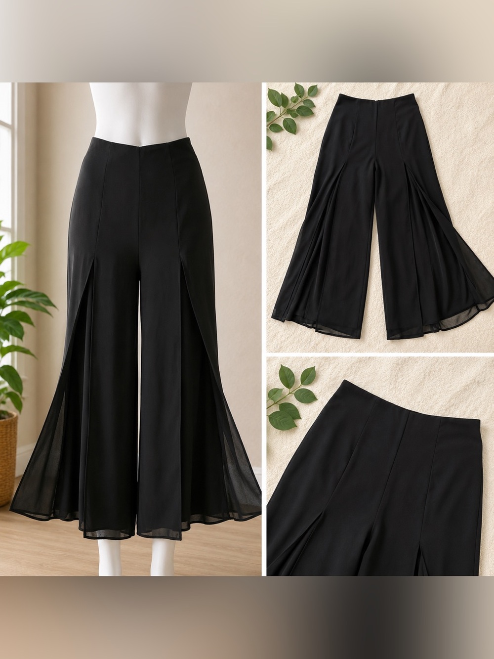 Elegant Black Wide-Leg Sheer Overlay Pants – Size 8